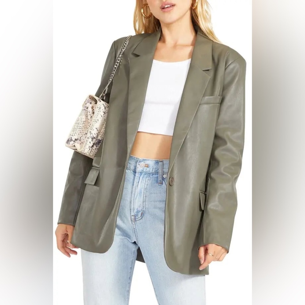 BB DAKOTA BY STEVE MADDEN Singled Out Faux Leather Blazer In Surplus Green Sz M